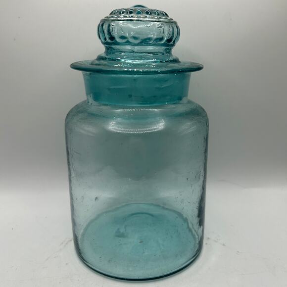 Vintage Light Teal Space Age Takahashi Apothecary Glass Jar Set of 6 Daisy Lids - Picture 6 of 12